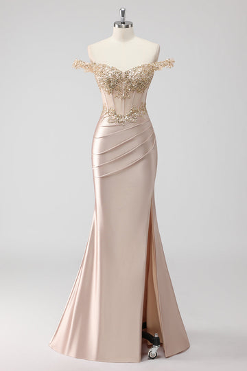 Champagne scintillant Corset à épaules dénudées Robe de soirée appliquée avec fente